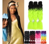 Yamel Ombre Braiding Hair Kanekalon Braiding Hair Synthetic Hair Extensions for Braiding Crochet Twist Box Braids 24 Inch 2 Tone Ombre Black to Bright Green 3 Packs Jumbo Braiding Hair