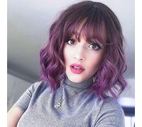 Yamel Ombre Purple Wavy Bob Wig for Women Short Curly Wigs with Bangs | 12 Inch Shoulder Length Ombre ladies Wig for Daily Halloween Costume Party Cosplay, Heat-resistant Synthetic Hair Curly Bob