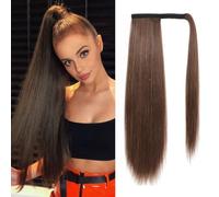 Yamel Ponytail Extension Medium Brown Long Straight 12 Inch Upgrade Wrap Around Fake Ponytail Synthetic Hair Extensions Clip in Ponytail Hairpiece for Women