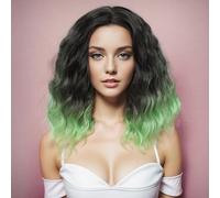 Yamel Wavy Bob Wig Natural Wig Black to Green Synthetic Hair Shoulder Length 14 Inch Short Curly Middle Part Lace Front Wigs for Women