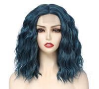 Yamel Wavy Bob Wig Natural Wig Blackish Blue Synthetic Hair Shoulder Length Short Curly Middle Part Lace Front Wigs for Women