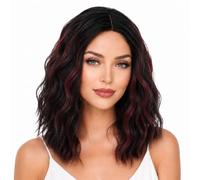 Yamel Wavy Bob Wig Natural Wig Lowlight Synthetic Hair Shoulder Length 14 Inch Short Curly Middle Part Lace Front Wigs for Women Costume Party Cosplay Halloween