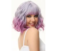Yamel Wavy Bob Wig with Bangs Light Purple Ombre Rose Wig Synthetic Hair Shoulder Length Short Curly Wigs for Women