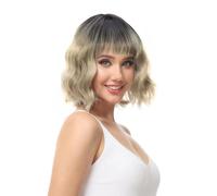 Yamel Wavy Bob Wig with Bangs Natural Ombre Blonde Wig Synthetic Hair Shoulder Length Short Curly Wigs for Women