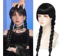 Yamel Wednesday Addams Cosplay Wig Long Hair Heat Resistant Adjustable Fit 23 Inches Double Braided Black Wigs With Bangs for Halloween Cosplay