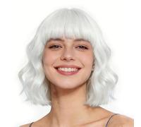Yamel White Bob Curly Wig with Bangs Short Wavy Synthetic Wigs for Women Costume Party Cosplay Halloween 12 Inch
