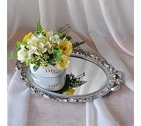 Yamfurga Oval Decorative Mirror Tray, French Style Flower Frame, Makeup Organizer, Jewelry Organizer, Serving Tray, 9.8"x 14.6", Golden Silver