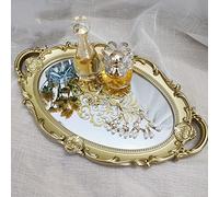 Yamfurga Oval Printed Decorative Mirror Tray, French Style, Mirror, Makeup Organizer, Jewelry Organizer, Serving Tray, 9.8"x 14.6", Gold