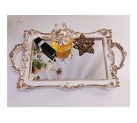Yamfurga Small Rectangle Decorative Mirror Tray, French Style, Makeup Organizer, Jewelry Organizer, Serving Tray, 13"x 7.8", Golden White