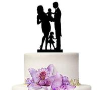 YAMI COCU Wedding Cake Topper - Mom and Dad With 2 Children Family Black Color Acrylic Silhouette Anniversary Cake Topper