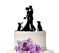 YAMI COCU Wedding Cake Toppers Bride and Groom Flower With Dog And Cat Animal Black Color Acrylic Silhouette Party Engagement Decoration