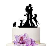 YAMI COCU Wedding Cake Toppers Bride and Groom With 2 Cats And Dog Animal Black Color Acrylic Silhouette Wedding Party Engagement Decoration