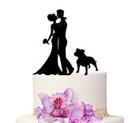 YAMI COCU Wedding Cake Toppers Bride and Groom With Dog Animal Black Color Acrylic Silhouette Wedding Party Engagement Decoration