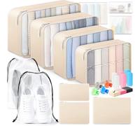 YAMIU 7 Pcs/22 Pcs Packing Cubes for Suitcases - Includes Luggage Cubes, Waterproof Toiletry Bags & Zipper Bags; Travel Organizers for Luggage & Essentials, Beige - 22pc Packing Cubes, 17.5×12.5×4
