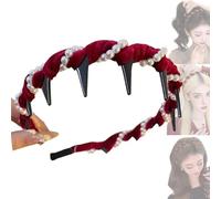Yamloveme Vintage High Cranium Artificial Pearl Hairband,High Cranium Hair Hoop with Teeth, Elegant Hair Band for Party, Wedding, or Home Use(Red)