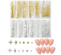 Yamobi 400 Pieces 3D Nail Charms Gold Silver, Star Moon Nail Charms Glitter Stones for Nails, Metallic Star Rhinestones, DIY Nail Decoration, Manicure Accessories