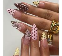 Yamobi Polka Dot Press On Nails - Medium Almond Fake Nails, 3D Flower French Tip, Full Cover Glossy Glue On Nails, Bow Soft Gel Press On Nails, Artificial Nails Bow, 24 Pieces