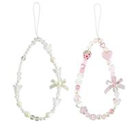 Yamobi Set of 2 Y2K Cell Phone Charm, Pearl Cell Phone Chain, Cute Keychain for Cell Phone Case, Beaded Phone Strap, Strawberry & Bow Bag Charm, Cell Phone Strap