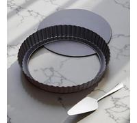 Yamteck Quiche Dish 24cm/9in with Cake Server, Loose Base, Tart Tin for Baking with Non-Stick Coating and Rugged Carbon Steel, Flan Case Mini Pie Pan for Christmas Thanksgiving Festival Party