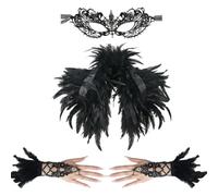 YAMUDA 4PCS Gothic Feather Cape Shawl Raven Crow Costume Set for Women | Witch Feather Shoulder Wrap,Lace Masquerade Mask,Gloves ,for Halloween, Evil Queen Vampire Dark Angle Cosplay Party Supplies
