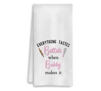 YanaKava Everything Tastes Better When Bubby Makes It Embroidered Kitchen Towel - Dish Towel Waffle Pattern Gift Bubby - Good Idea Gift Mothers Day Birthday - Embroidered Towels for Kitchen Decor