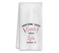 YanaKava Everything Tastes Better When Lola Makes It Embroidered Kitchen Towel - Dish Towel Waffle Pattern Gift Lola - Good Idea Gift Mothers Day Birthday - Embroidered Towels for Kitchen Decor
