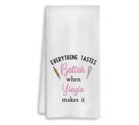 YanaKava Everything Tastes Better When Yiayia Makes It Embroidered Kitchen Towel - Dish Towel Waffle Pattern Gift Yiayia - Good Idea Gift Mothers Day Birthday - Embroidered Towels for Kitchen Decor