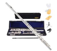YANASON C Flute Closed Hole 16 Keys Flute Silver-plated for Beginner, Kids, Student with Leather case, Metal stand, Gloves, Tuning Rod, Cleaning kit(16 Silver)