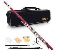 YANASON Red C Flute Closed Hole 16 Keys Flute Nickel-Plated for Beginner, Student and Professionals with Carrying case, Metal stand, Gloves, Tuning Rod, Cleaning kit(Red)