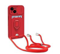 yanasuo Camera Protection Lanyard Phone Case for iphone 14, Card Holder, Slide Camera Cover, Silicone Cord Strap rope Shell TPU Shockproof Bumper Cover-Red