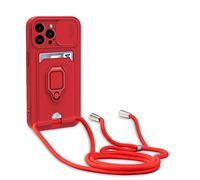 yanasuo Camera Protection Lanyard Phone Case for iphone 14 Pro, Card Holder, Slide Camera Cover, Silicone Cord Strap rope Shell TPU Shockproof Bumper Cover-Red