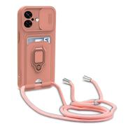 yanasuo Camera Protection Lanyard Phone Case for iphone 16, Card Holder, Slide Camera Cover, Silicone Cord Strap rope Shell TPU Shockproof Bumper Cover-Pink