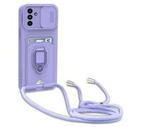 yanasuo Camera Protection Lanyard Phone Case for Samsung Galaxy A15, Card Holder, Slide Camera Cover, Silicone Cord Strap rope Shell TPU Shockproof Bumper Cover-Purple