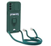 yanasuo Camera Protection Lanyard Phone Case for Samsung Galaxy S21 FE 5G, Card Holder, Slide Camera Cover, Silicone Cord Strap rope Shell TPU Shockproof Bumper Cover-Dark Green