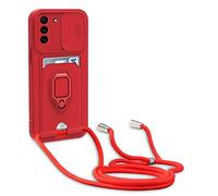 yanasuo Camera Protection Lanyard Phone Case for Samsung Galaxy S22 Plus, Card Holder, Slide Camera Cover, Silicone Cord Strap rope Shell TPU Shockproof Bumper Cover-Red