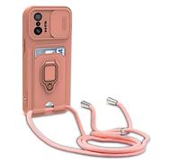 yanasuo Camera Protection Lanyard Phone Case for Xiaomi Mi 11T/11T Pro, Card Holder, Slide Camera Cover, Silicone Cord Strap rope Shell TPU Shockproof Bumper Cover-Pink