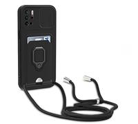 yanasuo Camera Protection Lanyard Phone Case for Xiaomi Redmi Note 10 5G/Poco M3 Pro 5G, Card Holder, Slide Camera Cover, Silicone Cord Strap rope Shell TPU Shockproof Bumper Cover-Black
