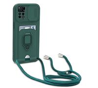 yanasuo Camera Protection Lanyard Phone Case for Xiaomi Redmi Note 11 Pro 5G, Card Holder, Slide Camera Cover, Silicone Cord Strap rope Shell TPU Shockproof Bumper Cover-Dark Green