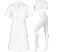 Yanbuny 3 Pcs Halloween Nurse Costume Include White Short Sleeve Lab Coat,Nurse Hat and Pantyhose for Women Party Dress Up, Multi-color, Medium