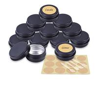 YANCAER 24 Pcs Matte Black Cosmetic Container Pots 10ml - D35mm x H17mm Aluminium Tin Jars with Screw Lids, Labels and Mini Spatula for Cream, Sample, Powder, Candle, Makeup Storage
