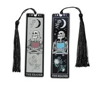 YANCAIYUNL 2PCS Gothic Skeleton Tarot Card Metal Bookmark with Tassel - Unique Funny Horror Reading Accessory Gift for Book Lovers, Women & Men - Christmas, Halloween, Birthday Present