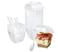 YancLife 50 Pcs Dessert Cups Lids and Spoons,7OZ/210ml Plastic Trapezoid Pots, Clear Small Cup Reusable Serving Bowl Mini Cheesecake Jelly Candy Matana Desserts Pudding Mousse Party (BBDB-011)