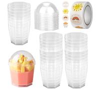 YancLife 50 Pcs Dessert Cups with Lids and Stickers, 5.5oz/160ml Reusable Plastic Dessert Pots, Clear Mini Cup Pudding Serving Octagonal Dessert Bowl for Wedding, Birthday Parties Cheesecake Desserts