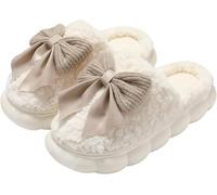 Yancremio Women's Autumn and Winter Sweet Cute Bow Comfortable Home Slippers Fashionable Warm Non-slip Bedroom Indoor Plush Slippers (White,36-37)