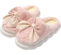 Yancremio Women's Autumn and Winter Sweet Cute Bow Comfortable Home Slippers Fashionable Warm Non-slip Bedroom Indoor Plush Slippers (Pink,36-37)