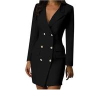 Yancremio Women's Black Blazer Dress, M, Long Sleeve, Slim Fit, Formal, Tailored, Notch Collar, Polyester Blend, Solid, Mid Thigh Length