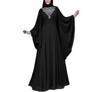 Yancremio Women's Elegant Islamic Robe Women's Fashion Muslim Printed Burqa Women's Oversized Sleeve Loose Casual Abaya Muslim High Waisted Burqa (Black,M)