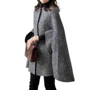 Yancremio Women's Elegant Seven-minute Sleeve Cape Coat Retro Fashion Single-breasted Plaid Round Neck Cape Fall Loose Casual Outdoor Jacket (Grey,XXL)