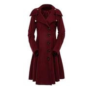 Yancremio Women's Elegant Trench Coat Gothic Vintage Victorian Long Irregular Hem Slim Windbreaker Winter Steampunk Lapel Hooded Windbreaker (Burgundy,XL)