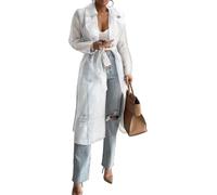 Yancremio Women's Elegant Trench Coat Tulle Mesh Organza Trench Coat Fashion Loose Slit Lapel Double Breasted Jacket Casual Vacation Lightweight Tie Cardigan (White,L)